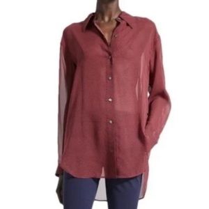 Theory Red & Black Weekender Dot Chiffon Silk Long Sleeve Button Down Blouse
